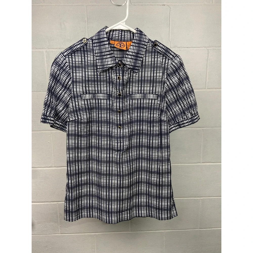 Tory Burch Button-Up Top Plaid Print‎ Short Sleeve Blouse Size 6